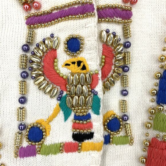 Vintage Michael Simon Cardigan Sweater Sz 1X Embroidered Beaded Mayan Design - Picture 5 of 8